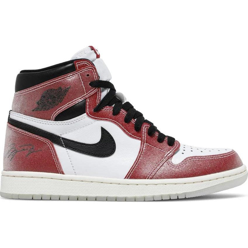 Red, white, and black high-top sneaker with signature and Nike swoosh, side view