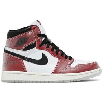 High-top white, red, and black sneaker with black swoosh, streetwear style, side view