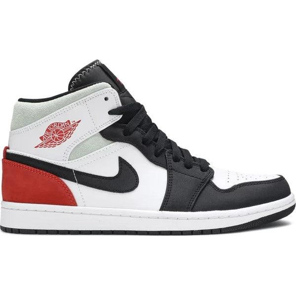 Black, white, and red mid-top sneaker with Nike swoosh and Jordan Wings logo, streetwear shoe
