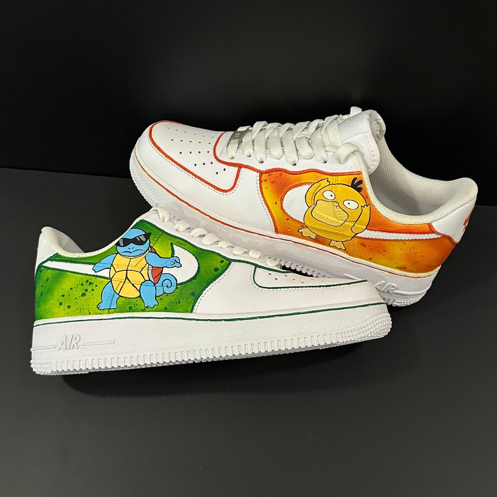Custom white sneakers featuring hand-painted cartoon characters with green and orange accents