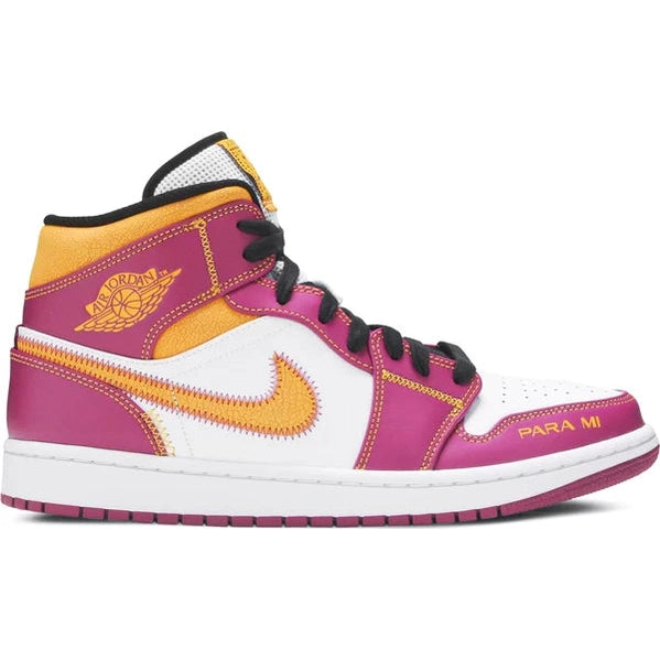 Colorful high-top sneaker with magenta, yellow, and white color blocking, black laces, and stitched swoosh