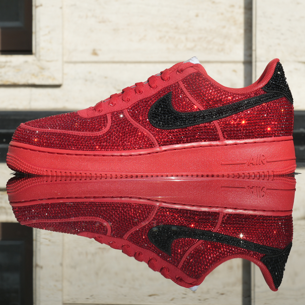 Red crystal embellished sneaker with black logo, luxury streetwear fashion footwear