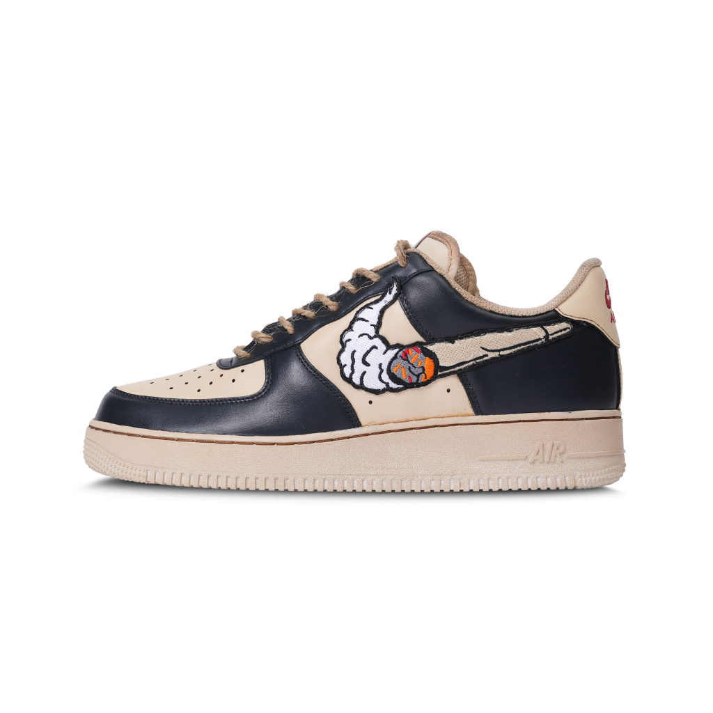 Beige and black streetwear sneaker with embroidered smoke and cigar graphic on side panel