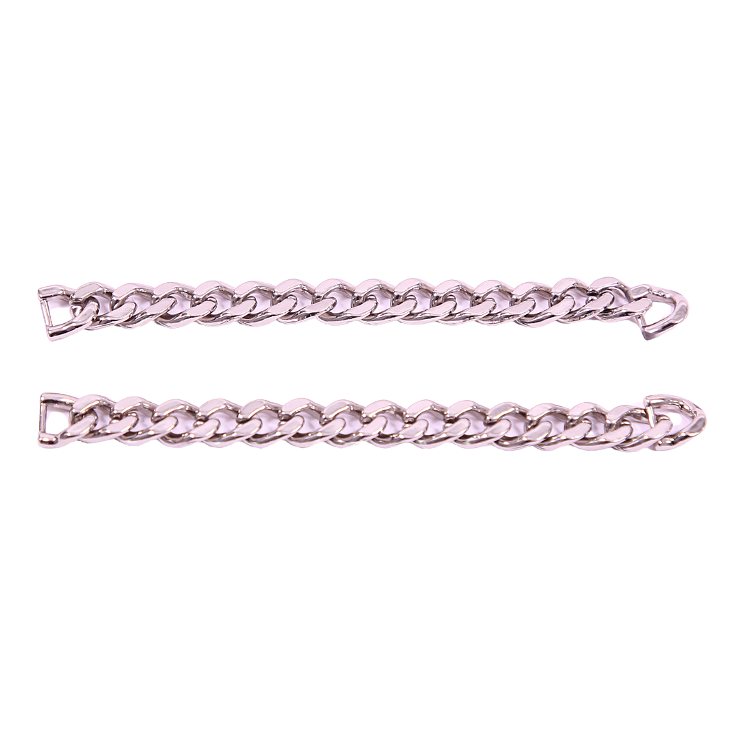 Two silver Cuban link sneaker chains laid out on a plain background.