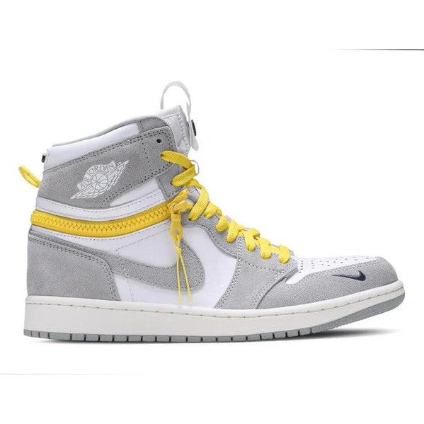 White and grey high-top sneaker with yellow laces and trim, suede overlays, designer streetwear shoe