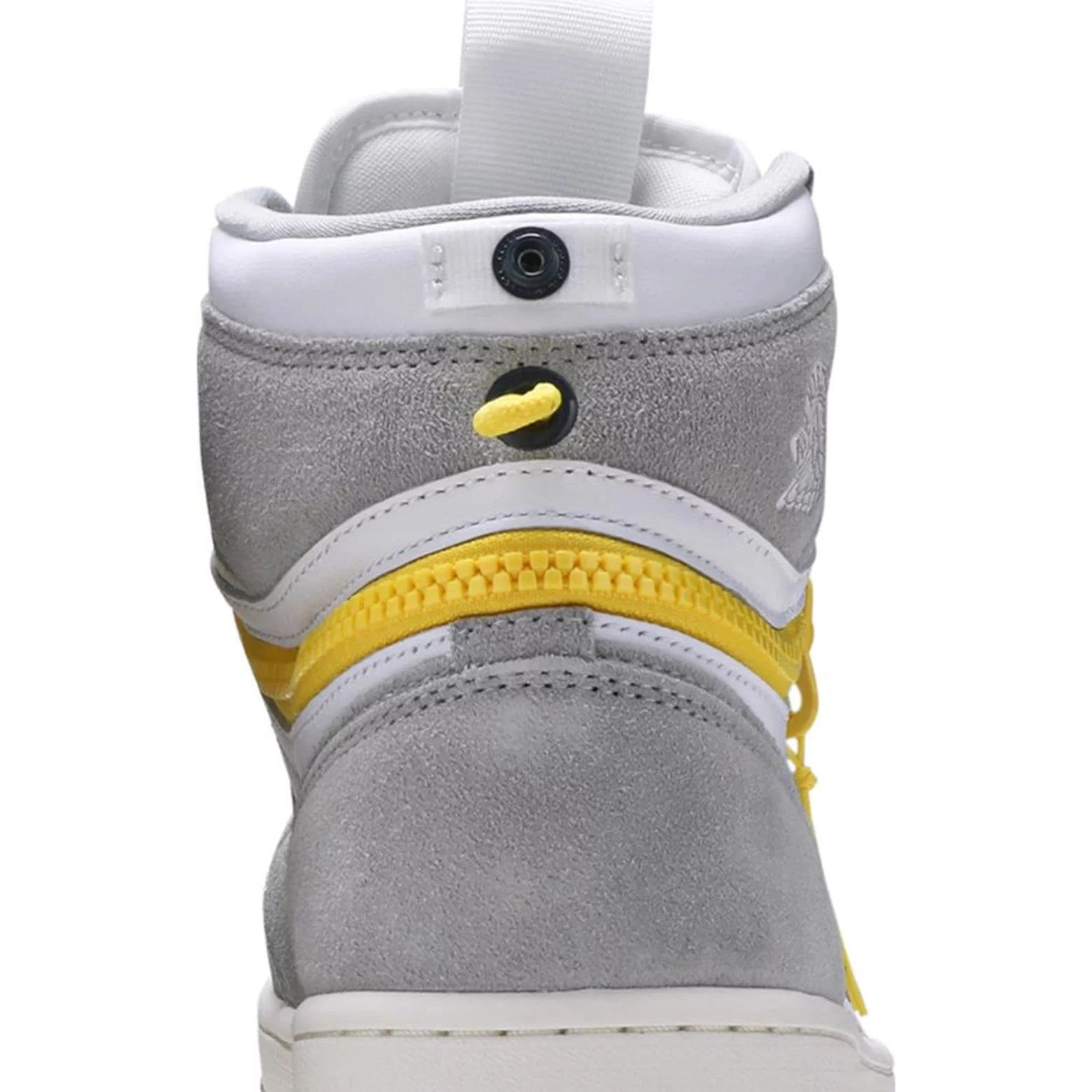 Back view of a grey suede high-top sneaker with white and yellow accents, streetwear shoe
