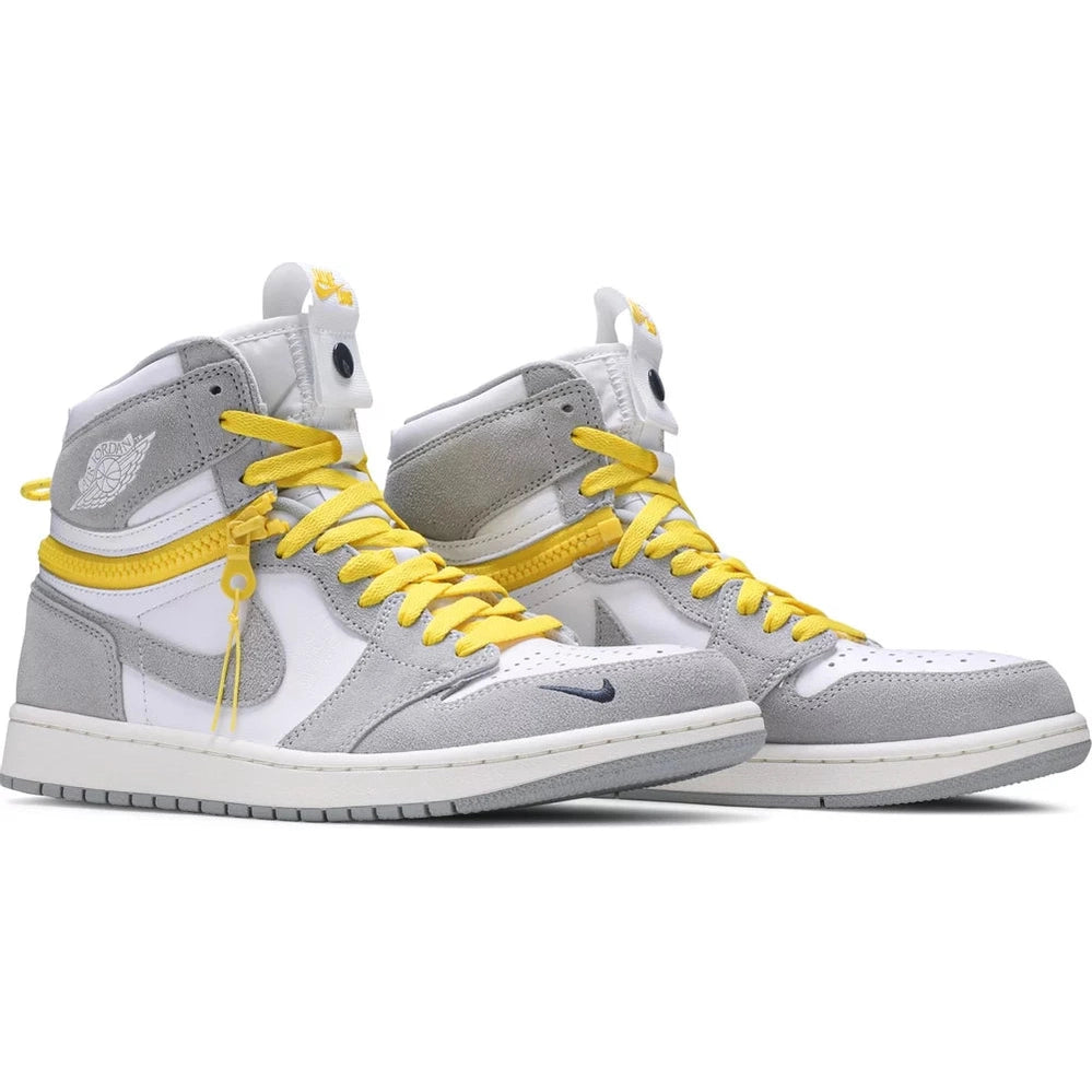 White and grey high-top sneakers with yellow laces and zipper, limited edition streetwear shoes