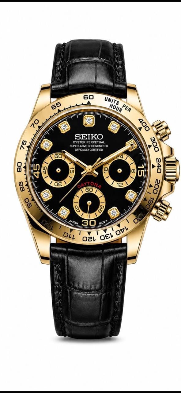 Seiko Mod Daytona Gold Black Leather Strap