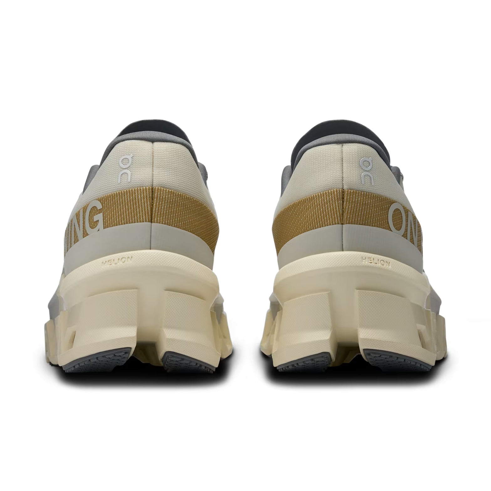 Back view of beige and gold designer sneakers with chunky soles and On logo, streetwear shoes