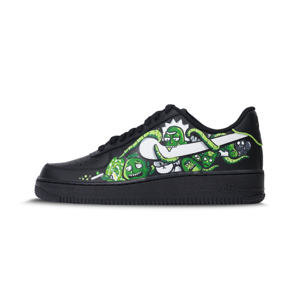 Black streetwear sneaker with green cartoon graphic and bold white swoosh on side