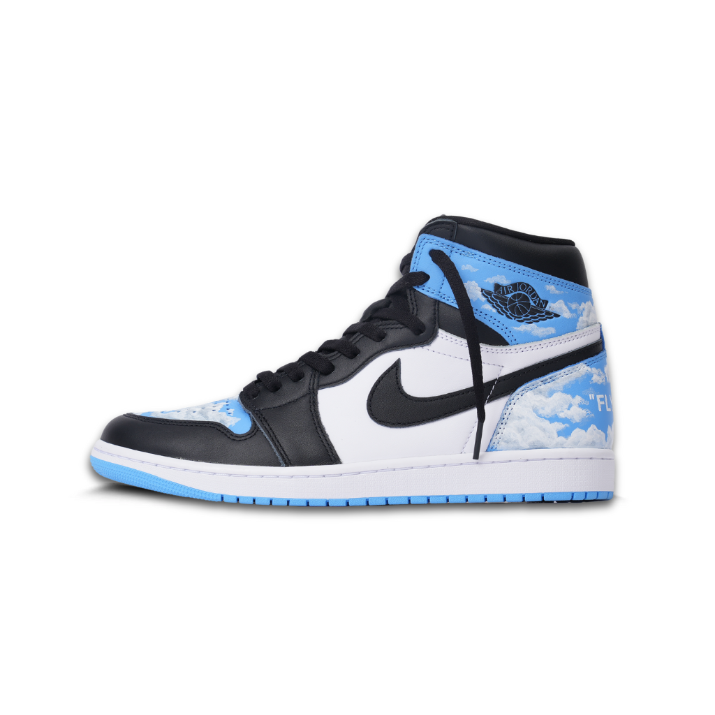 Black and white high-top sneaker with blue sky and cloud pattern, streetwear footwear