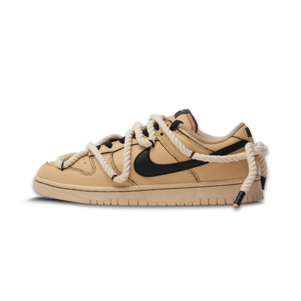 Tan and black low-top sneaker with oversized rope laces, streetwear sneaker style