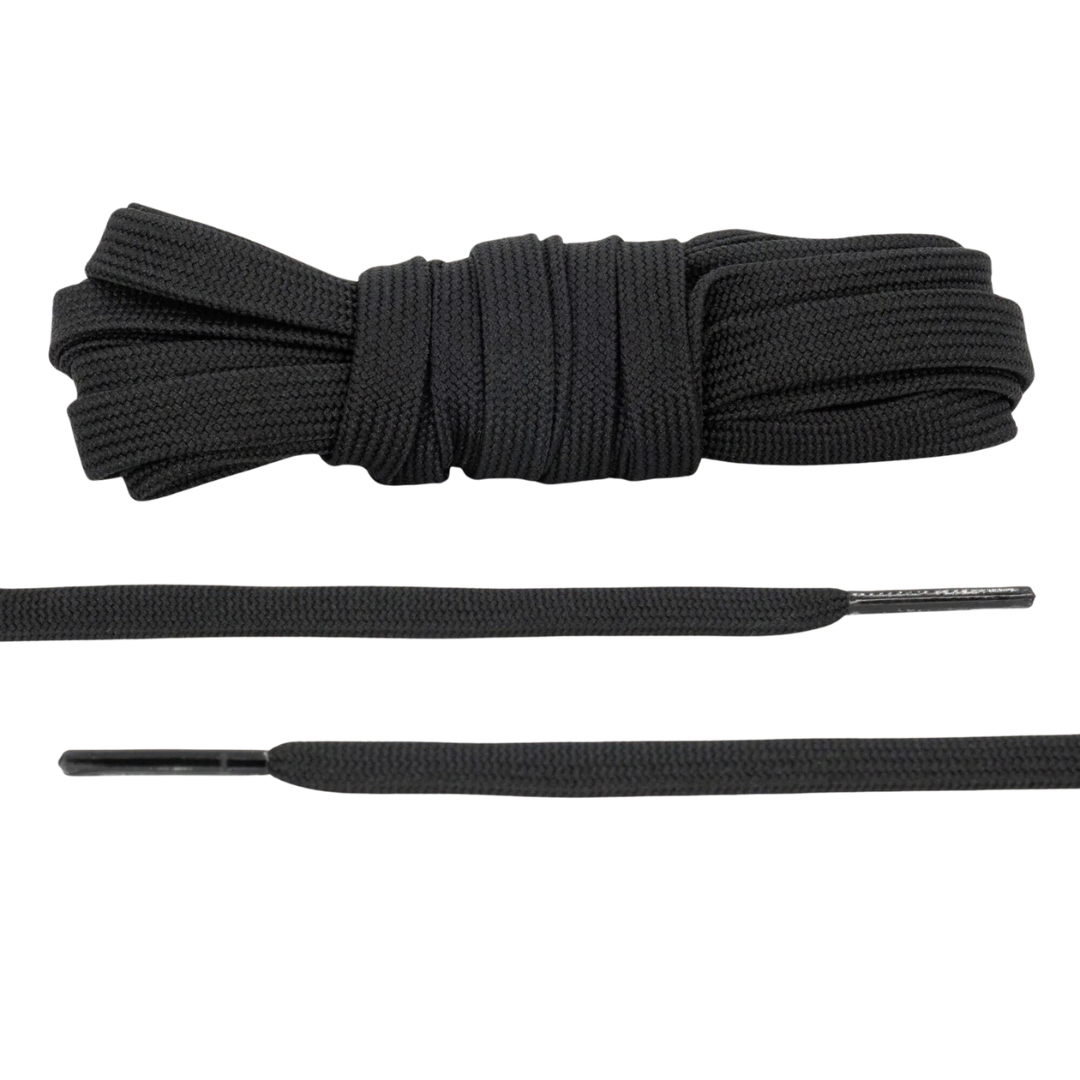 A pair of flat black shoelaces, displayed in a coiled form, alongside a straightened out section showing the flat shape and texture.
