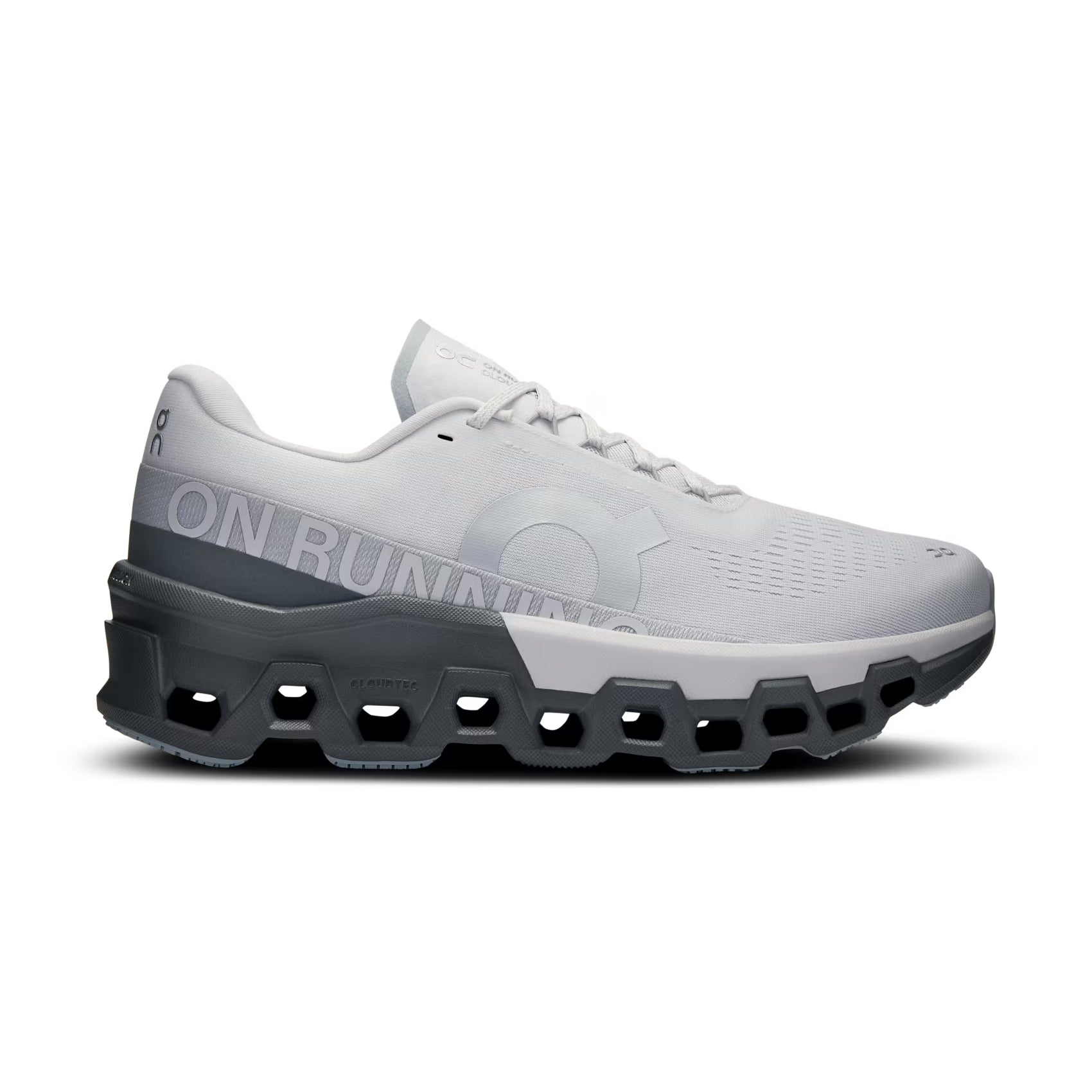 Gray and white On Running sneaker with mesh upper and thick cushioned sole on white background