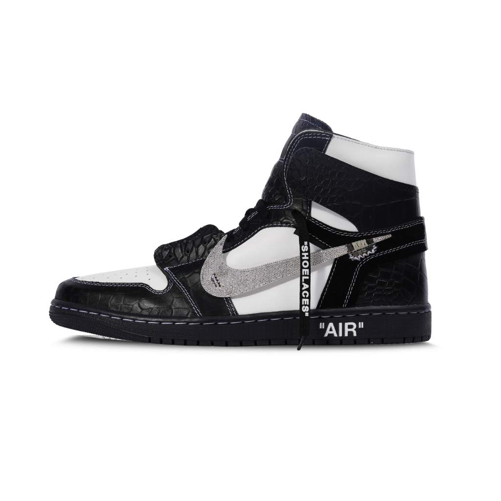Black and white high-top luxury sneaker with textured leather, silver swoosh, and Off-White style details