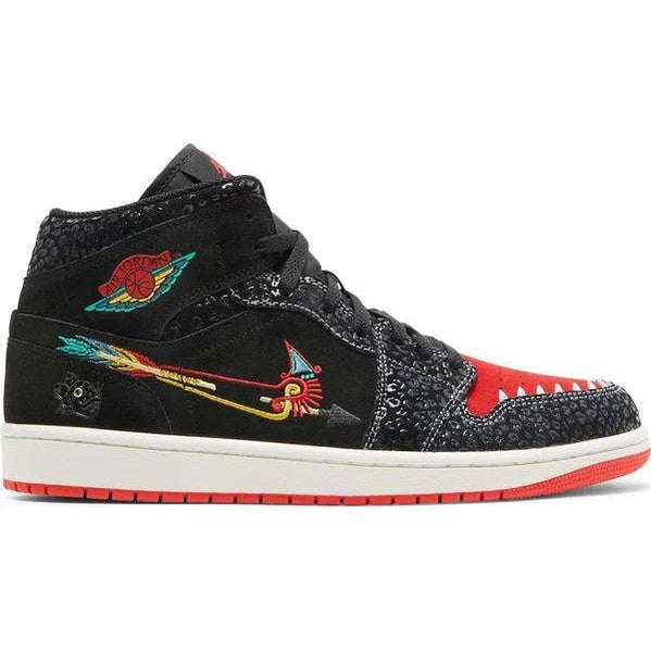 Black and red streetwear sneaker with textured panels and colorful embroidered graphics