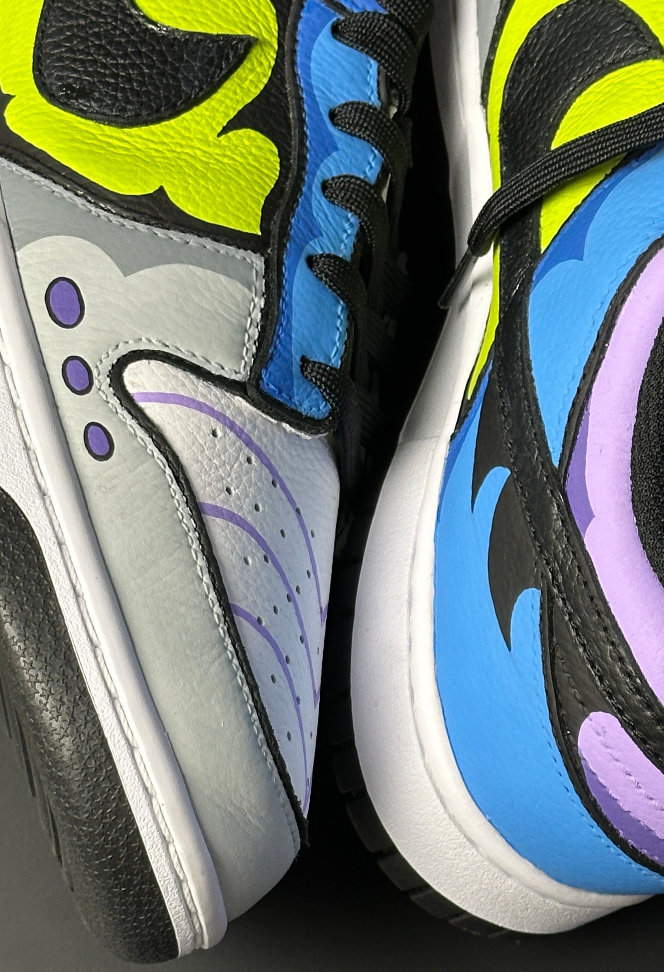Close-up of colorful limited edition streetwear sneakers with blue, yellow, and purple details