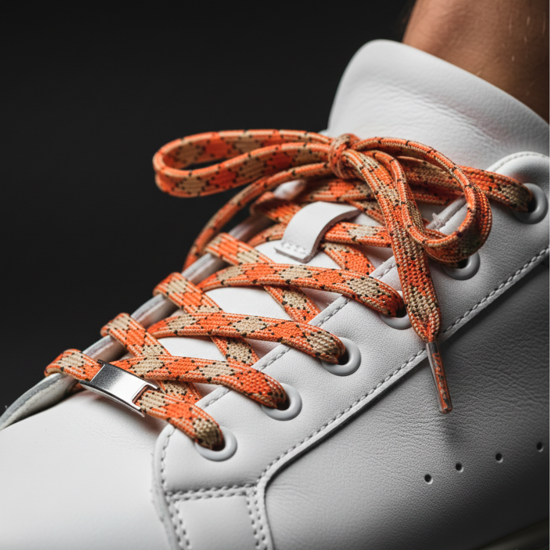 White sneaker with orange laces on a dark background