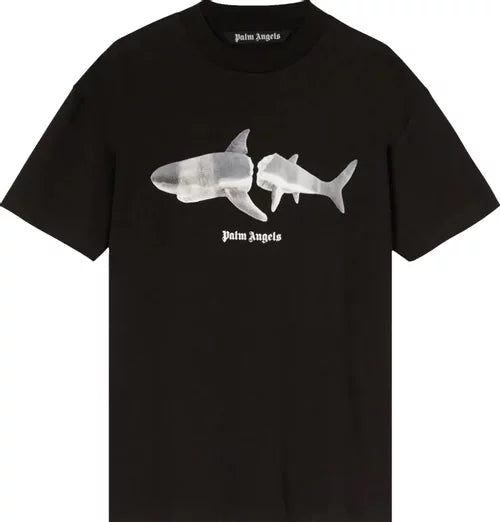 Black streetwear t-shirt with graphic shark print and bold text on front, urban fashion style