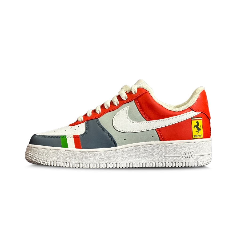 Colorful streetwear sneaker with red, grey, and white panels, side Ferrari patch, Italian flag accents