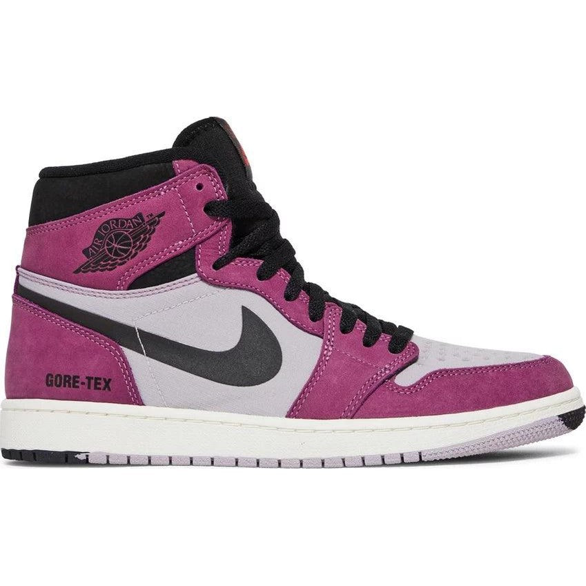 Purple and grey high-top sneaker with black laces, Nike swoosh, and Gore-Tex branding