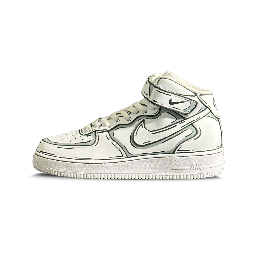 White mid-top sneaker with black sketch-style outlines, streetwear athletic shoe