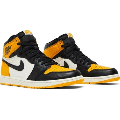 Black, white, and yellow high-top sneakers with Nike swoosh, streetwear footwear