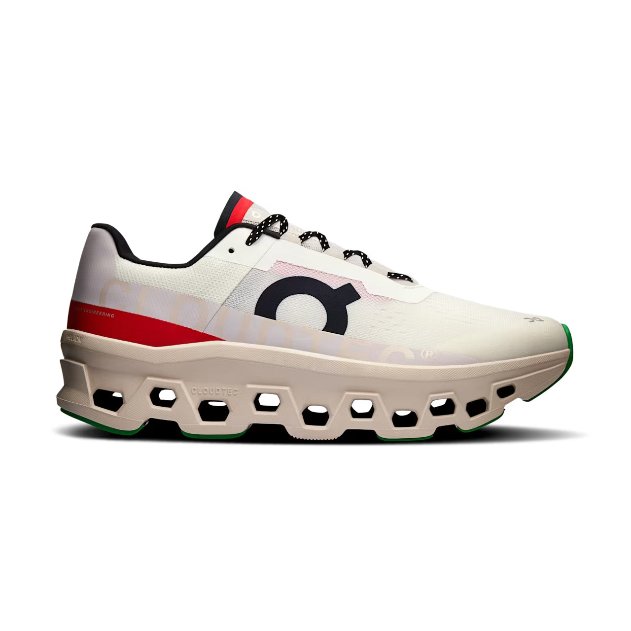 White athletic shoe with red and black accents on a white background