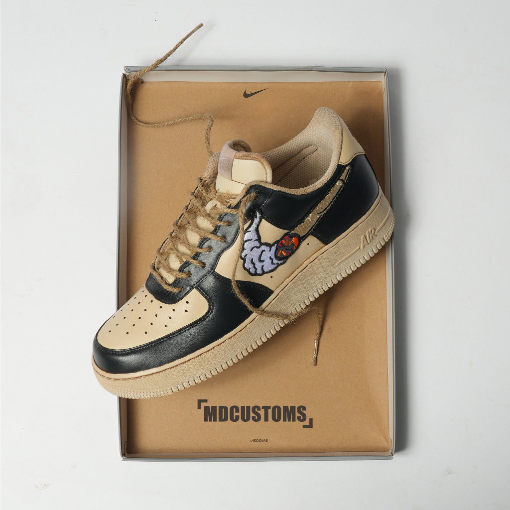 Custom beige and black sneaker with embroidered cloud and basketball detail in shoebox