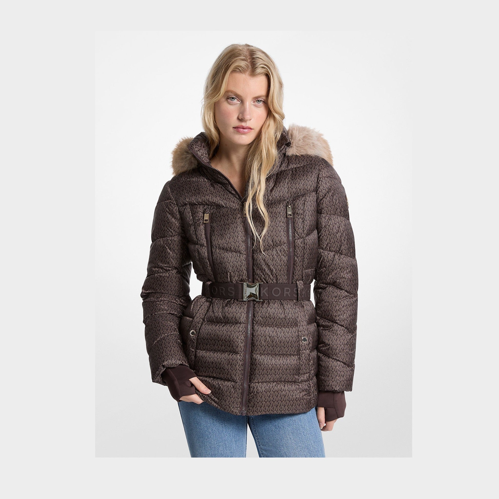 Michael Kors Faux Fur Trim Belted Puffer Jacket Chocolate