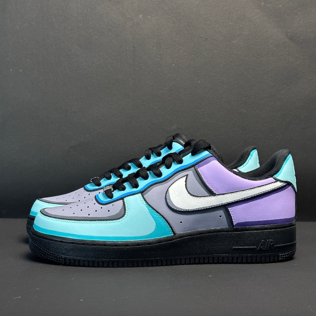 Custom Nike Air Force 1 low-top sneaker with blue, purple, and gray panels on black sole