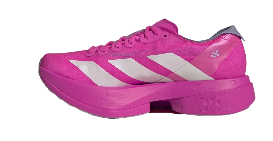 Pink Adidas shoe with white stripes on a white background