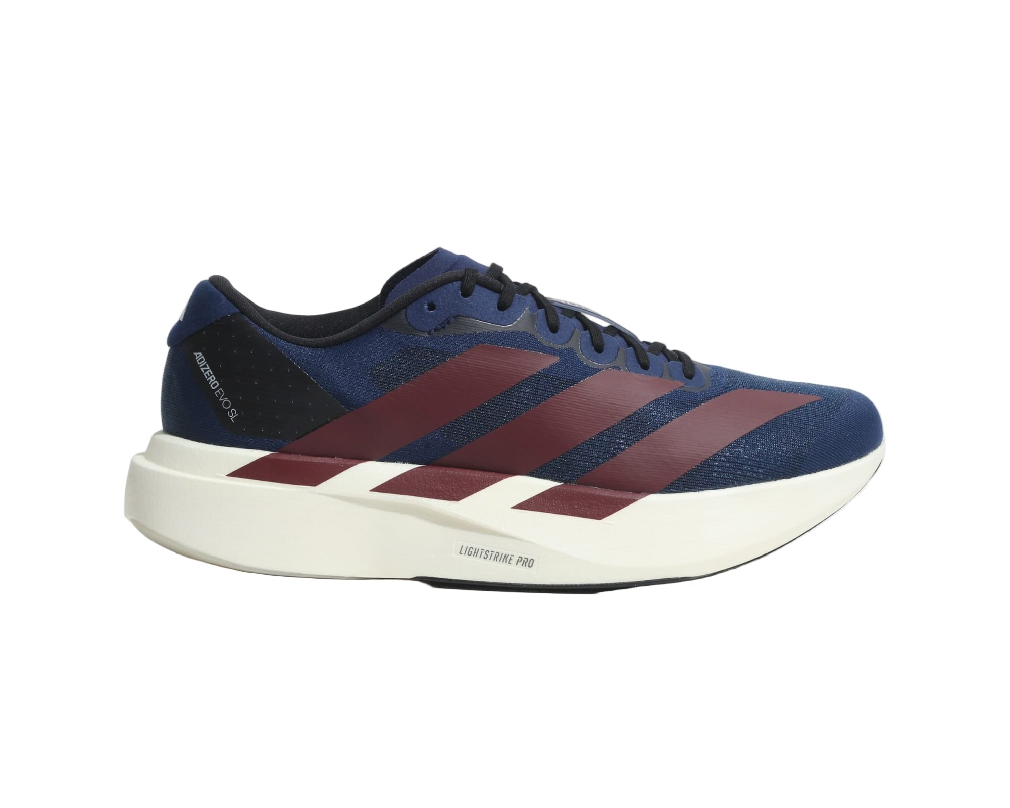 Blue and maroon running shoe with white sole on a light gray background