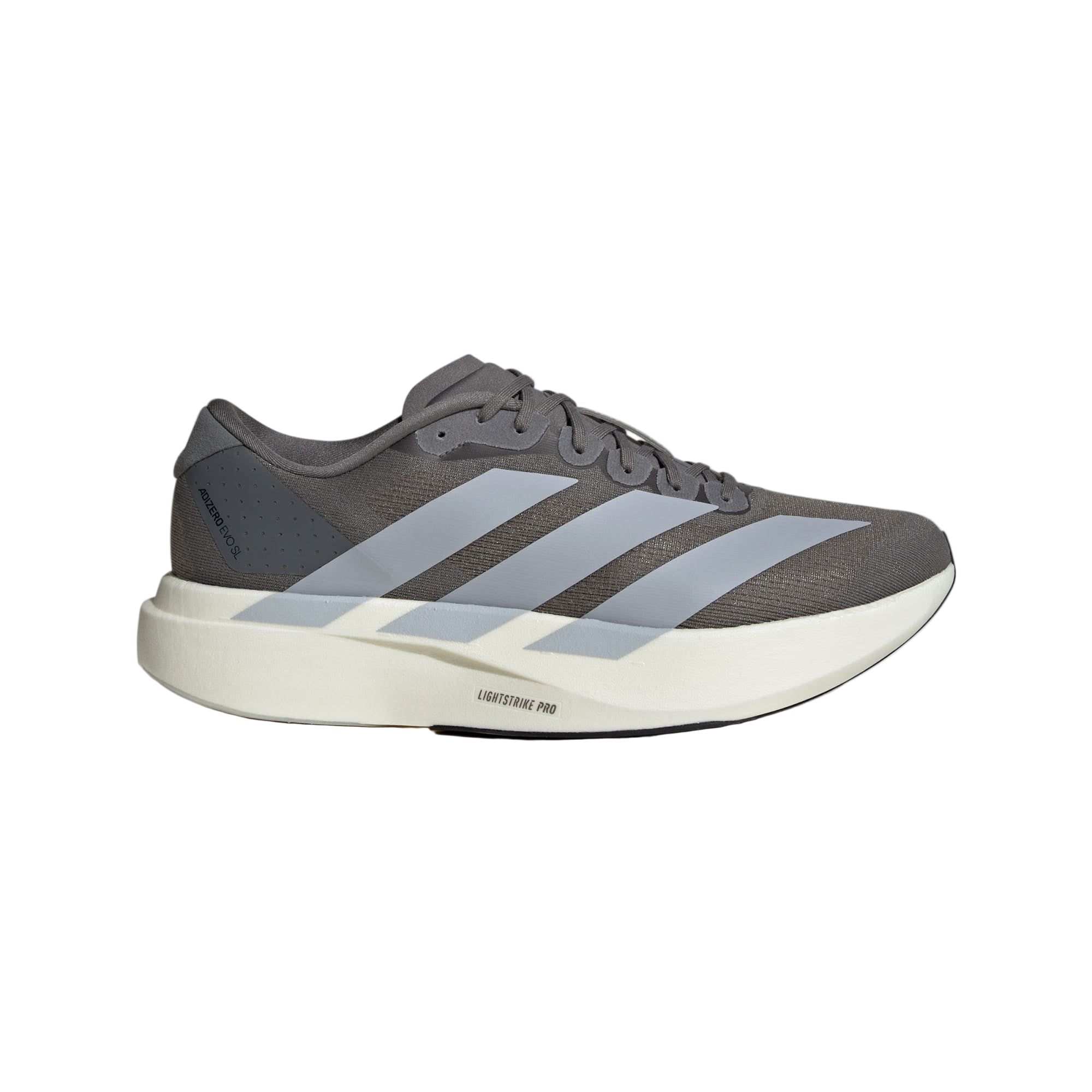 Gray Adidas running shoe with three stripes on a light gray background