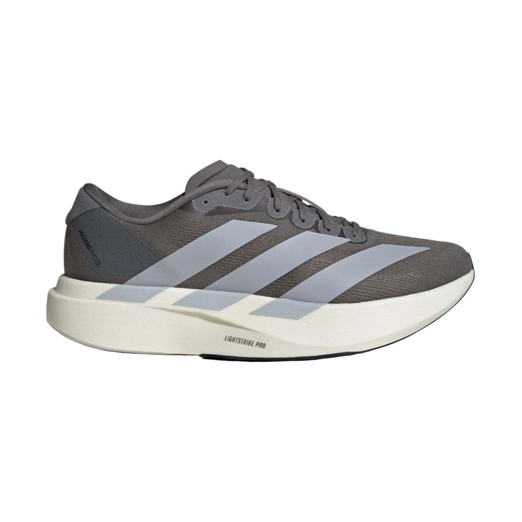 Gray Adidas running shoe with three stripes on a light gray background