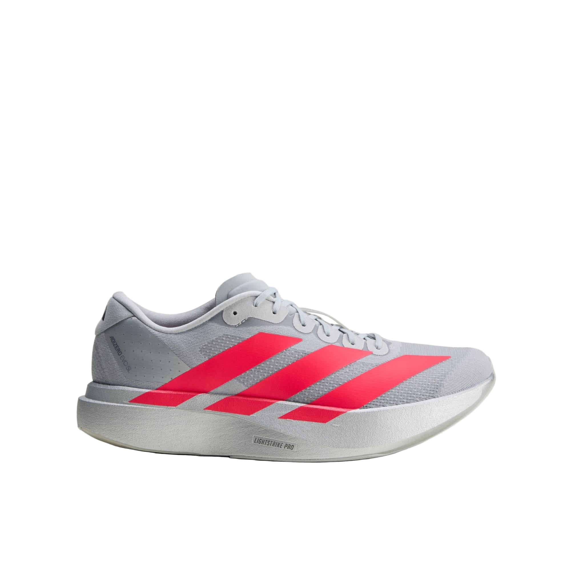 Gray Adidas running shoe with red stripes on a light gray background