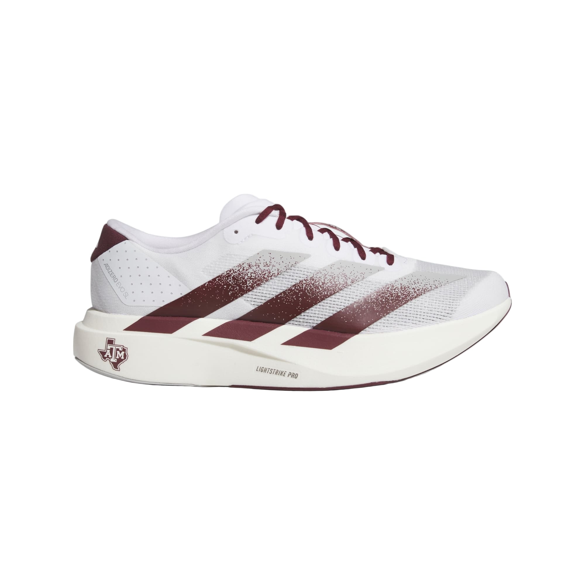 White running shoe with maroon accents on a light gray background