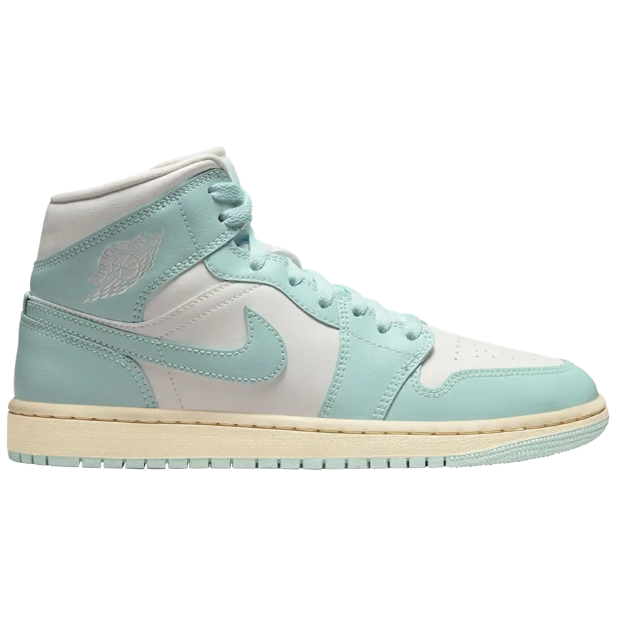 Light blue and white Air Jordan 1 Mid sneaker with cream sole, side view, streetwear shoe