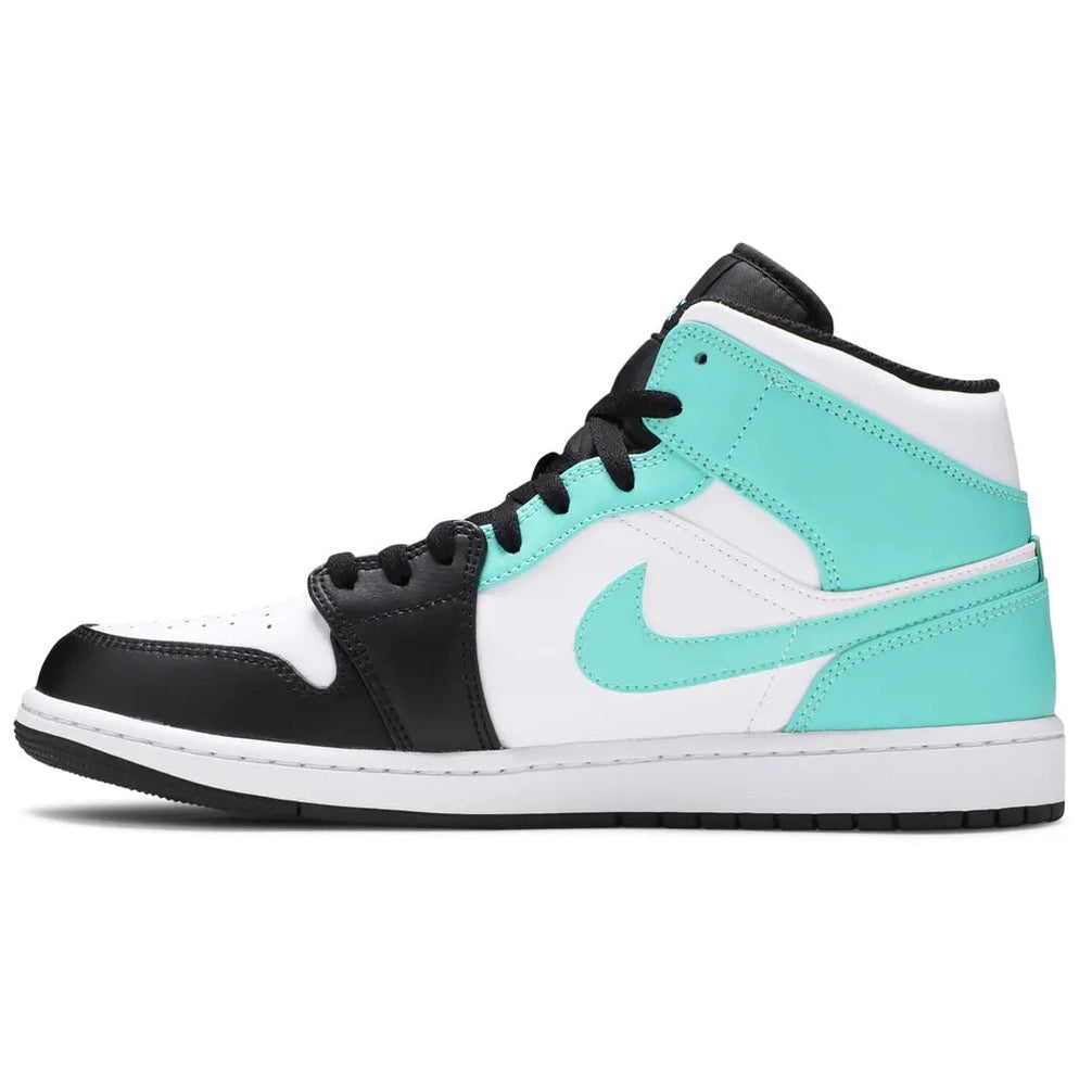 Air Jordan 1 Mid sneaker in white, black, and tropical teal, side profile view