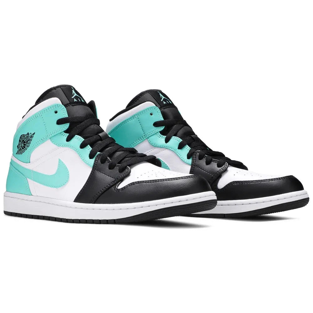 Air Jordan 1 Mid sneakers in white, black, and tropical teal with black laces, side view