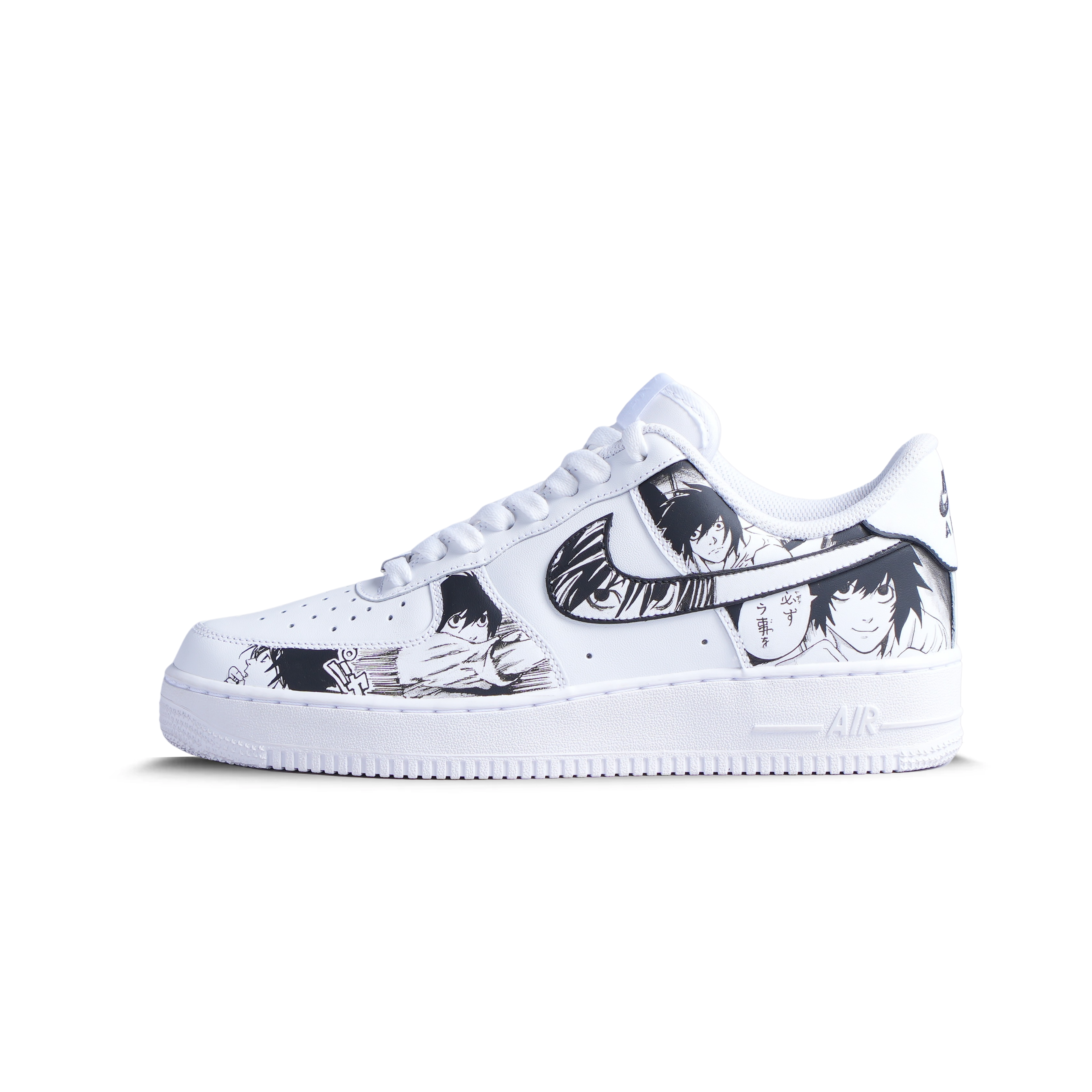 Custom white Air Force 1 sneaker with black and white anime manga panel artwork on the side
