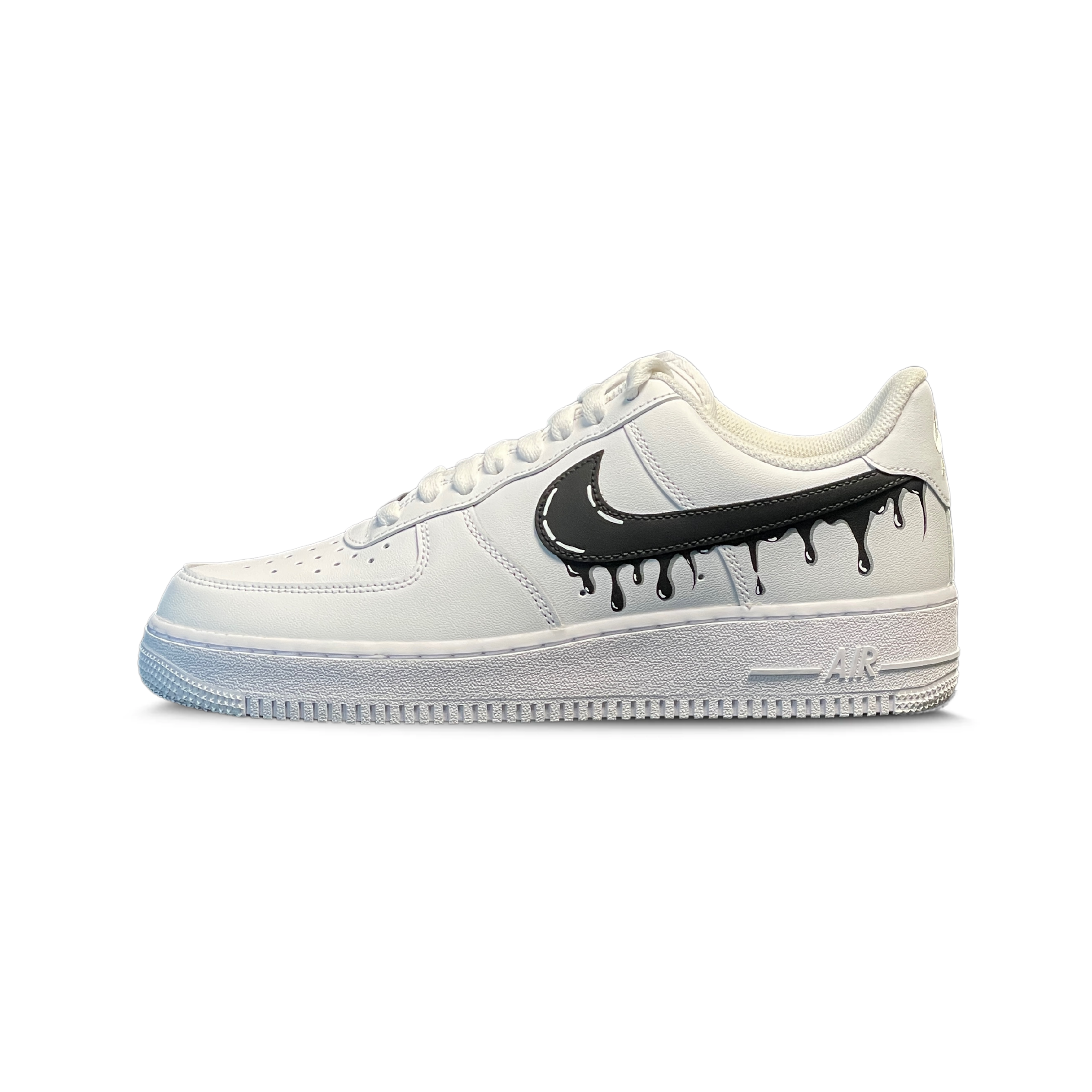 White streetwear sneaker with black dripping swoosh design, side profile on white background