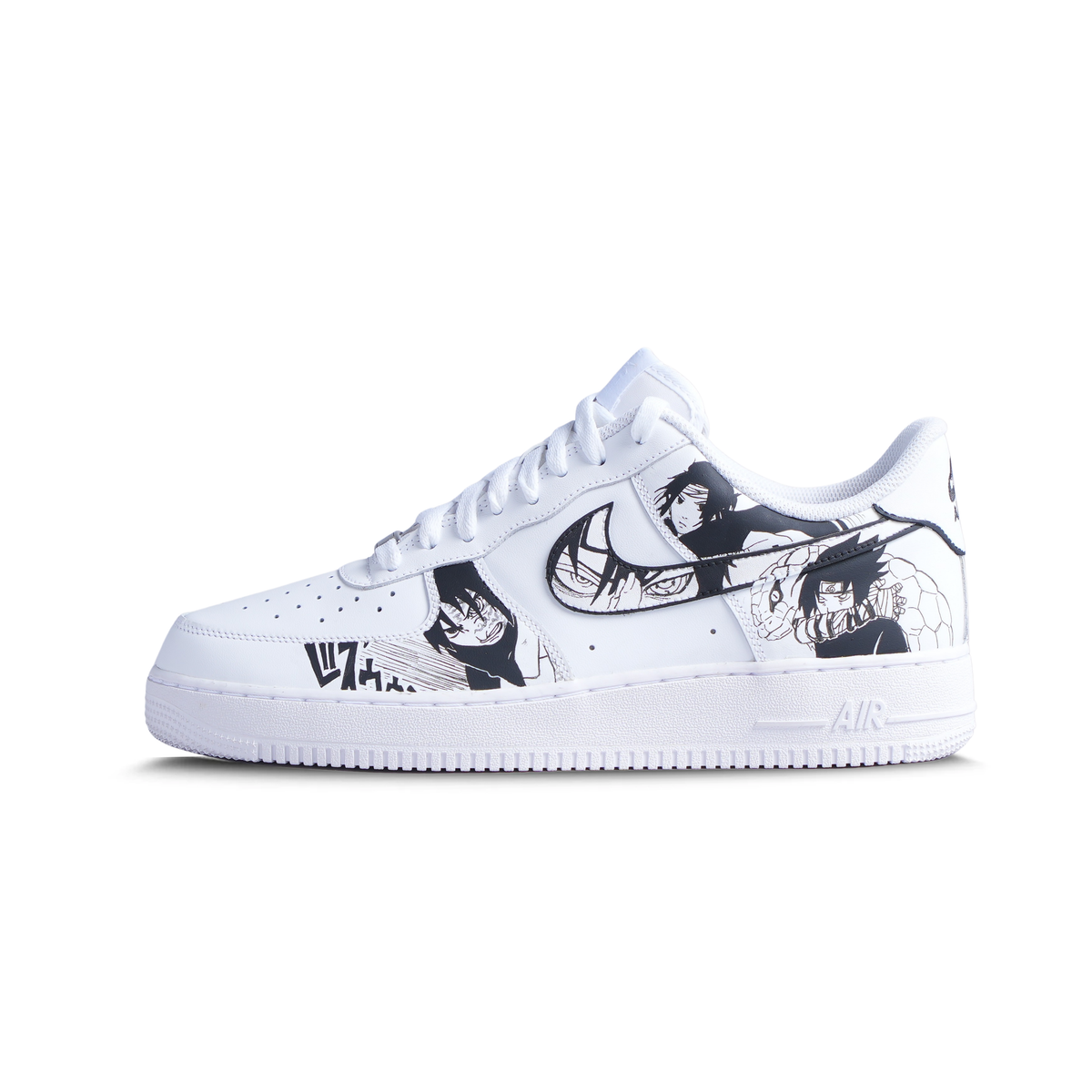 White sneaker with black anime graphic design, streetwear custom Air Force 1 style