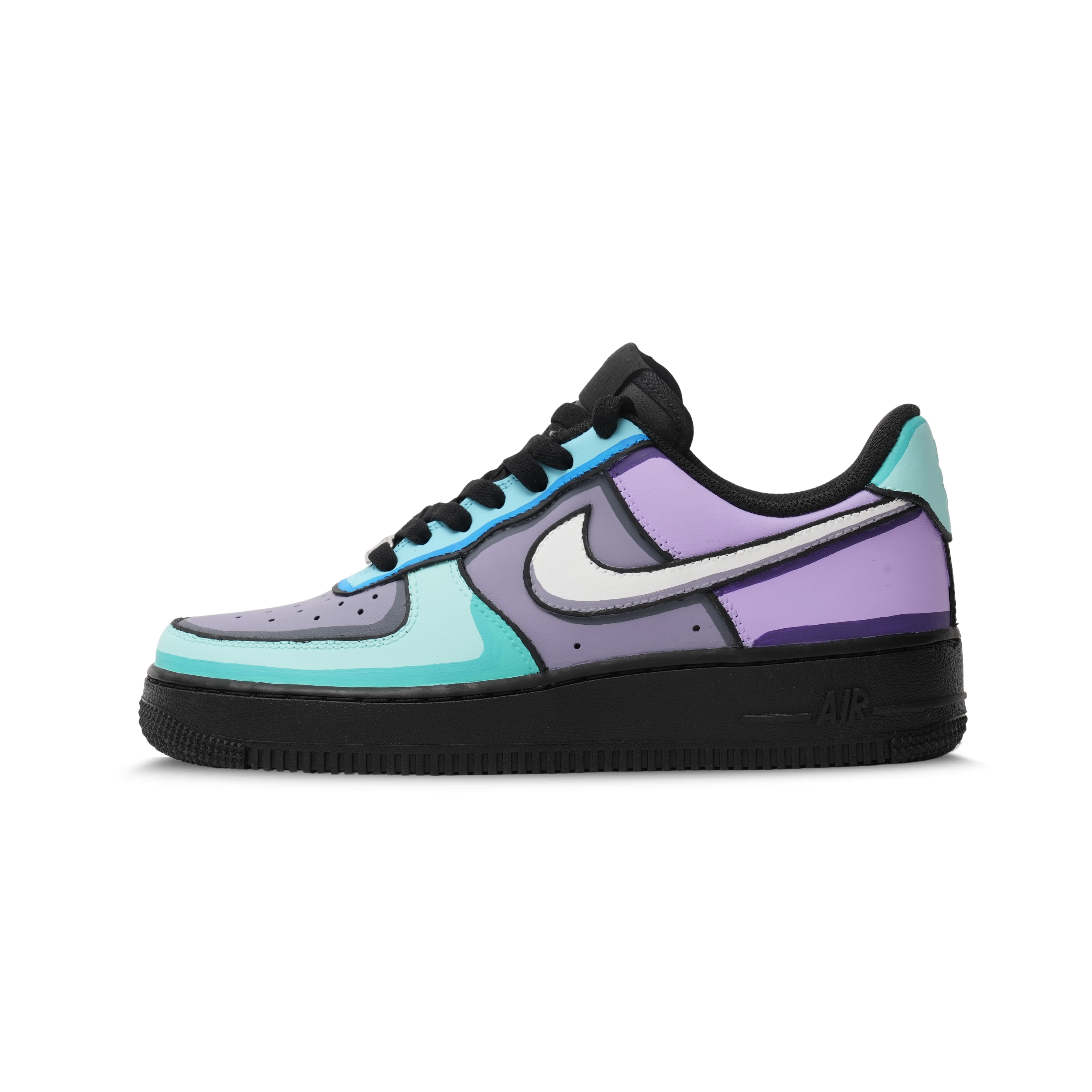 Streetwear sneaker with black sole, pastel blue and purple panels, white swoosh, cartoon style