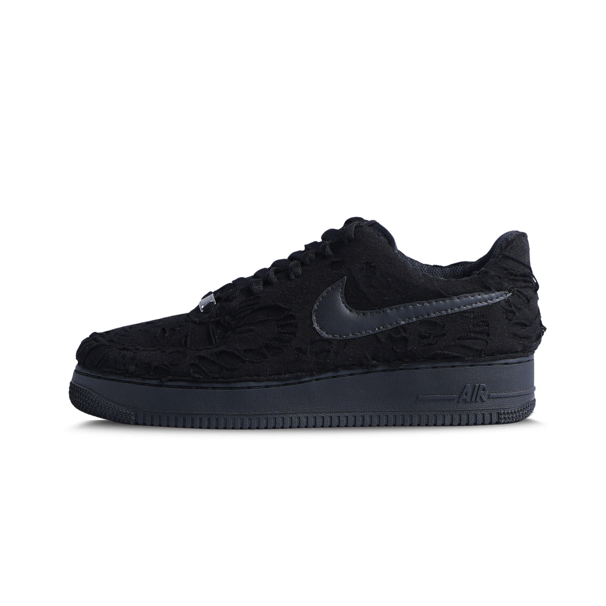 Black Air Force 1 sneaker with textured floral pattern and tonal stitched swoosh