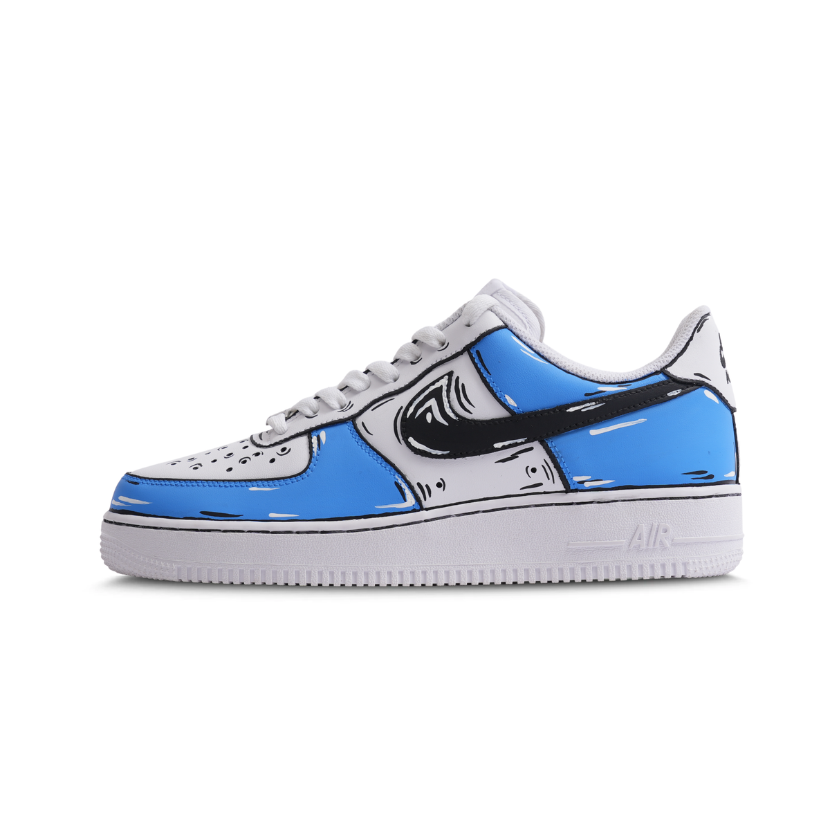 Blue and white streetwear sneaker with black comic-style outline, side view, on white background