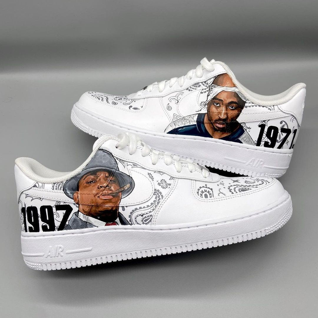 Custom white Air Force 1 sneakers with hand-painted portraits and paisley designs