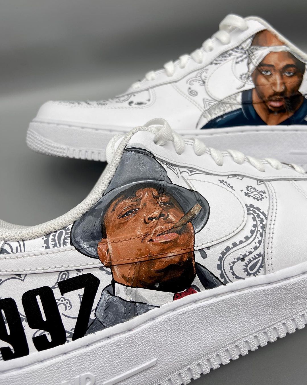 Custom white Air Force 1 sneakers with hand-painted portraits and paisley designs