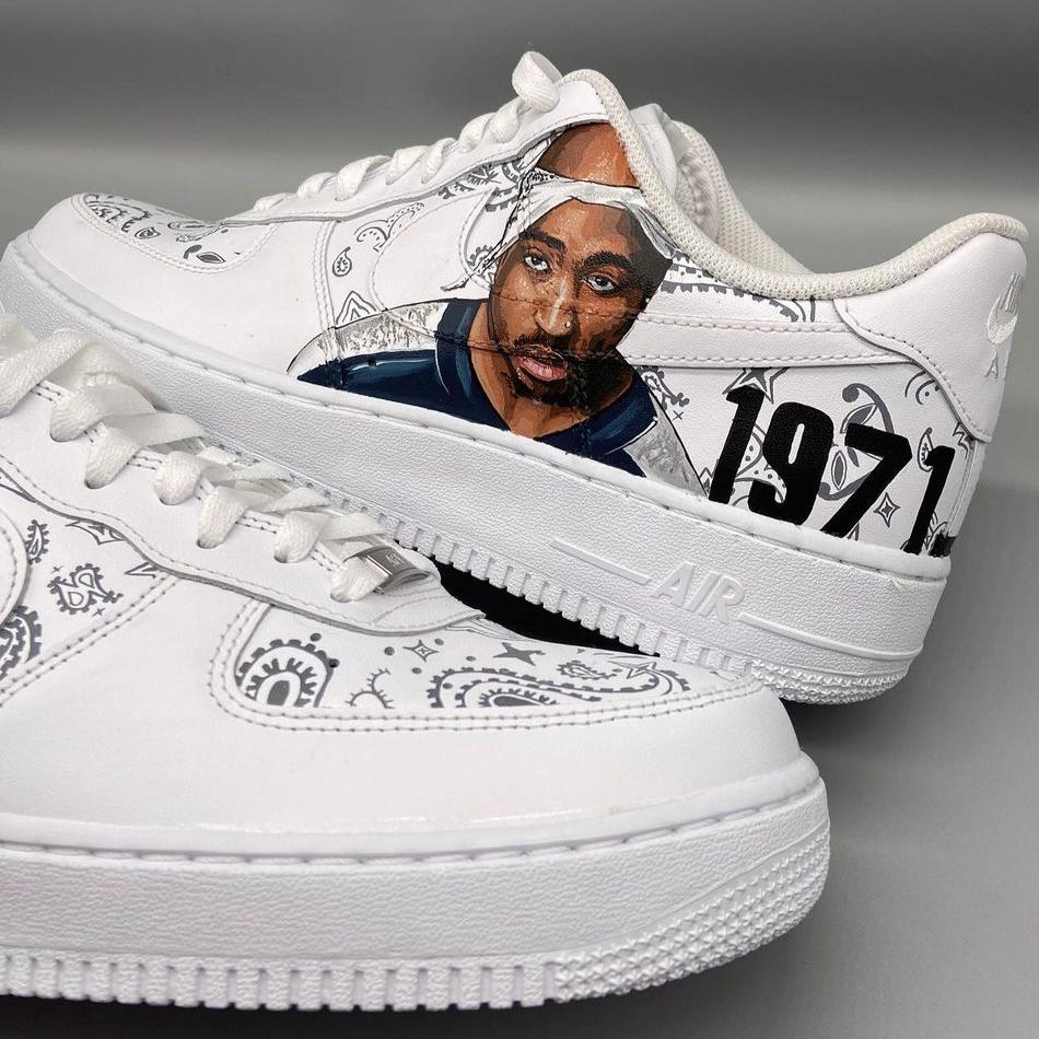 Custom white Air Force 1 sneaker with bandana print and hand-painted portrait graphic on side