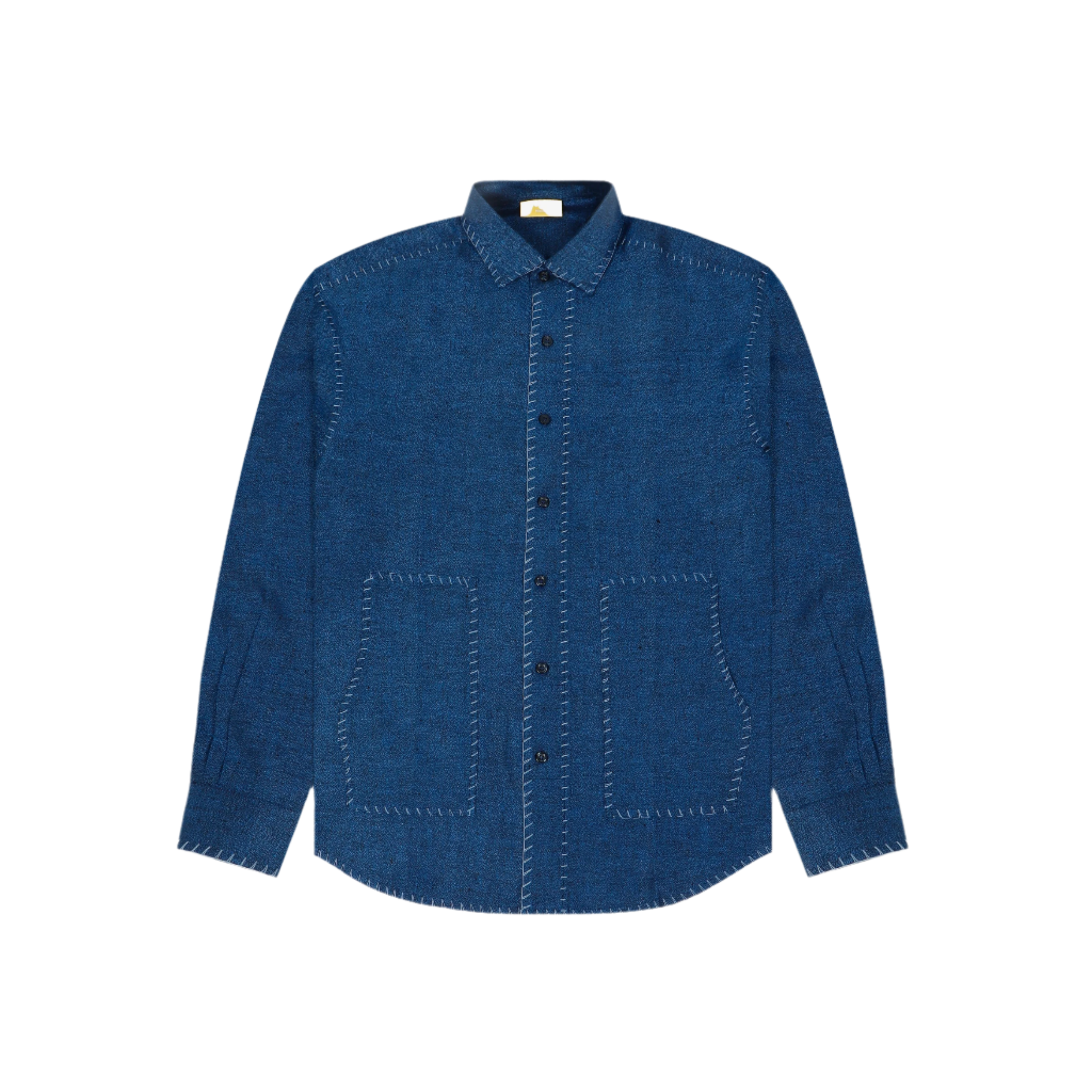 Blue long sleeve shirt with flatlock stitching and front patch pockets, streetwear style